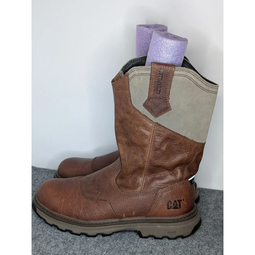 CAT Caterpillar Mens Steel Toe Brown Leather Pull On Ease Boots Size 10 M P91119